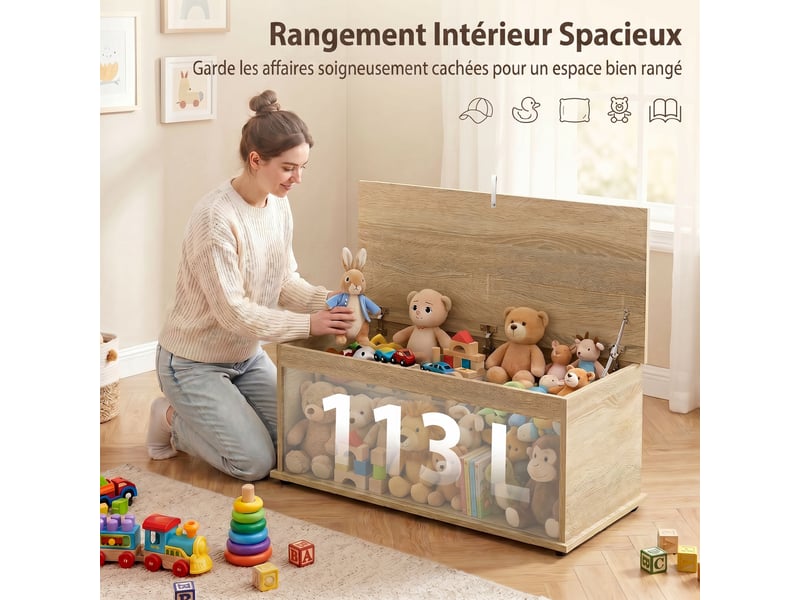  Coffre de rangement, banc de rangement avec couvercle rabattable et charnières de sécurité, naturel, 100 x 40 x 40 cm  - Conforama A