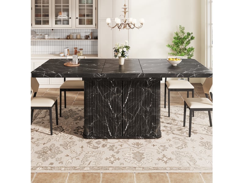  Table de salle à manger extensible avec rangement caché et portes à relief, effet marbre noir, 140 × 80 × 76,5 cm  - Conforama D