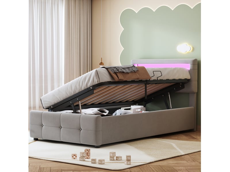  Lit enfant 90x200 cm avec led, coffre hydraulique et tête de lit réglable gris  - Conforama B