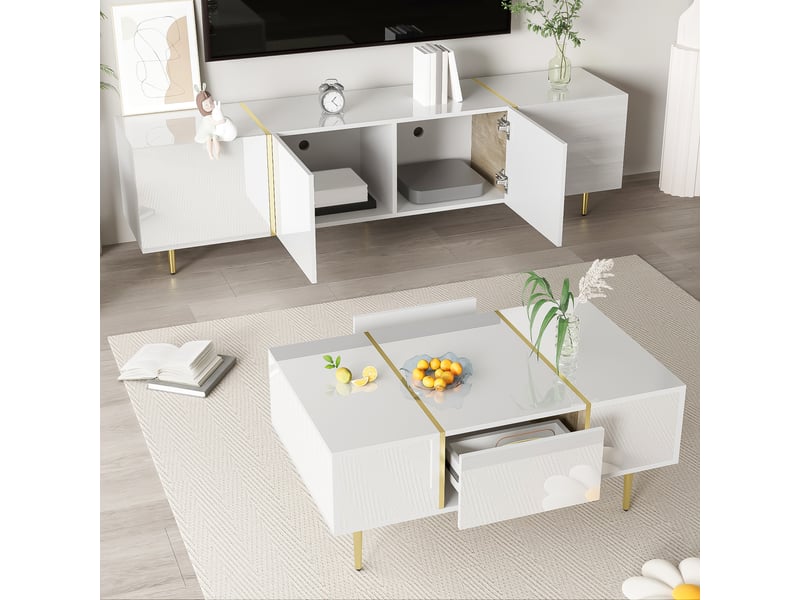  Ensemble meuble tv et table basse pour salon, avec 4 portes, 2 tiroirs et charnières amorties, mdf,blanc  - Conforama D