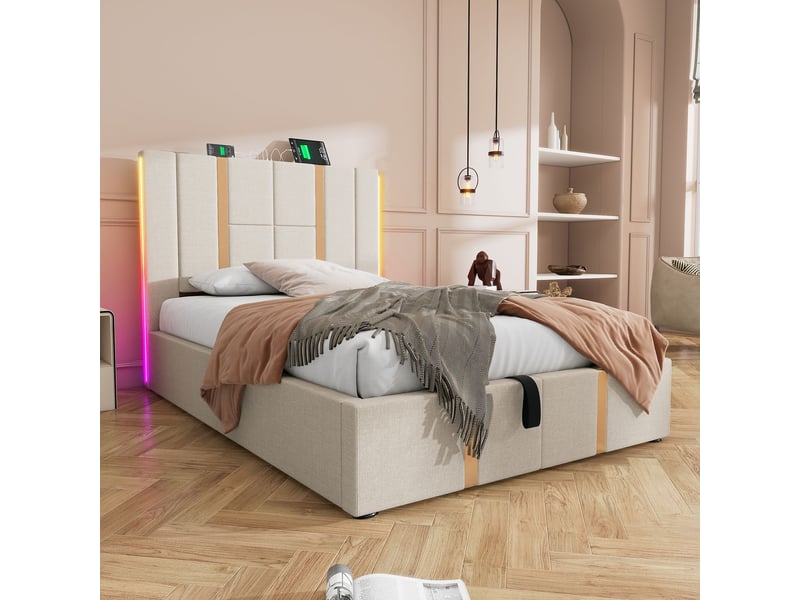 Lit coffre 90x200 avec matelas et led rgb contrôle par app - lit rembourré - tissu en lin beige, port usb type-c, sommier à lattes - Conforama B