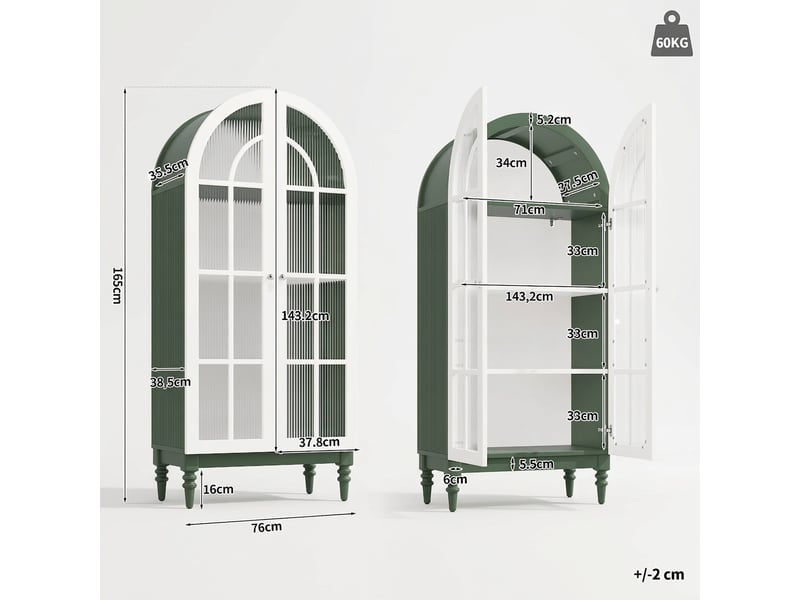  Buffet de cuisine vitrine vert 165 cm avec portes en verre strié et 3 étagères, design arqué  - Conforama C
