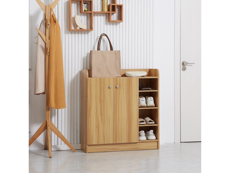 Meuble de rangement à chaussures pour entrée avec 4 compartiments ouverts et placard double porte - étagère réglable  - Conforama C