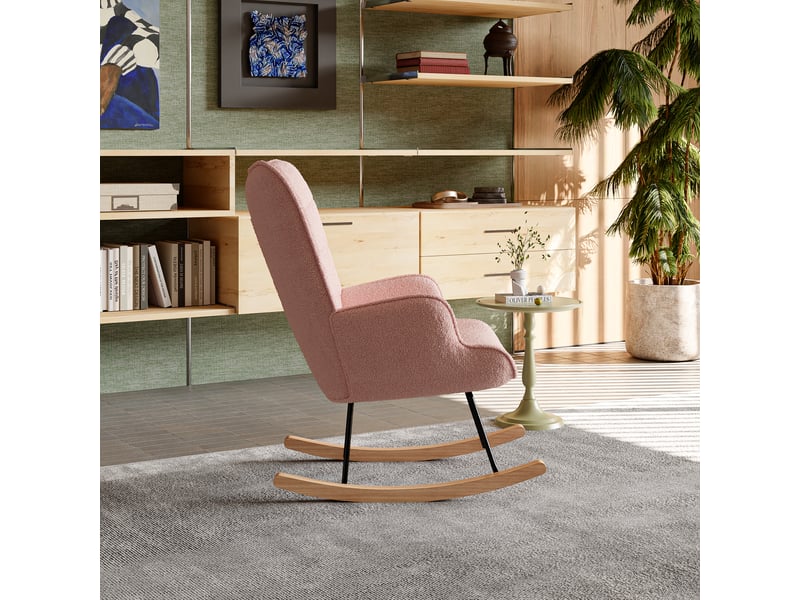  Fauteuil à bascule 60x75x92 cm avec dossier à carreaux, chaise de détente pour salon, chambre et bureau, tissu bouclé rose  - Conforama W