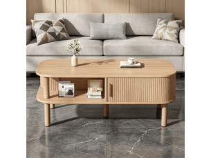 Table basse scandinave avec rangement et porte coulissante 110x55 cm mdf couleur bois naturel