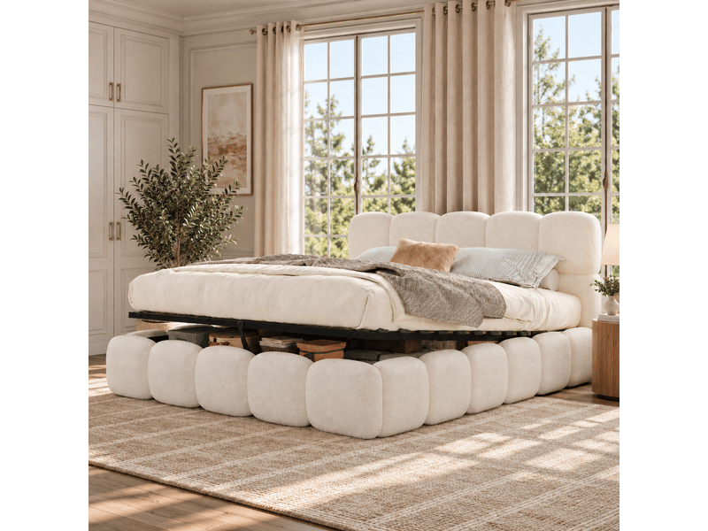  Lit coffre 200x200 cm, levage hydraulique, grand rangement, tête capitonnée, sommier à lattes, bouclette, blanc  - Conforama B