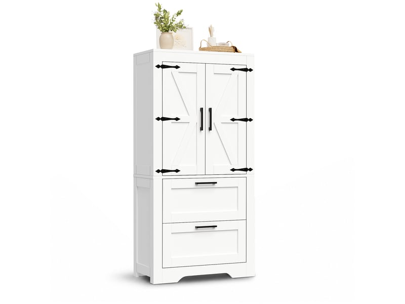  Buffet cuisine blanc 60x30x128 cm, meuble rangement salle à manger avec tiroirs et étagères réglables style grange  - Conforama W