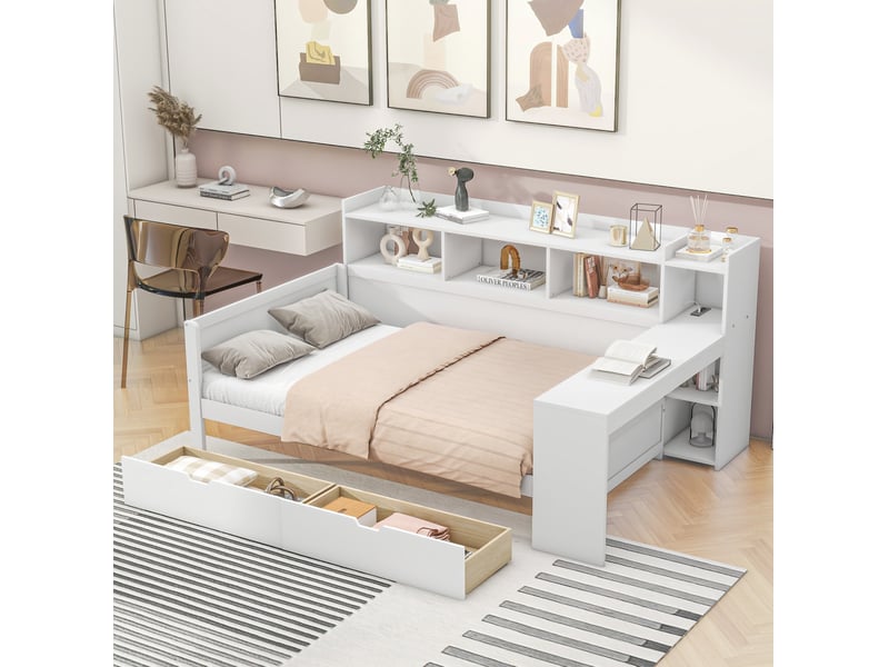  Lit combiné 90 x 200 cm avec bureau, rangements, 2 tiroirs, prise et usb, blanc  - Conforama D