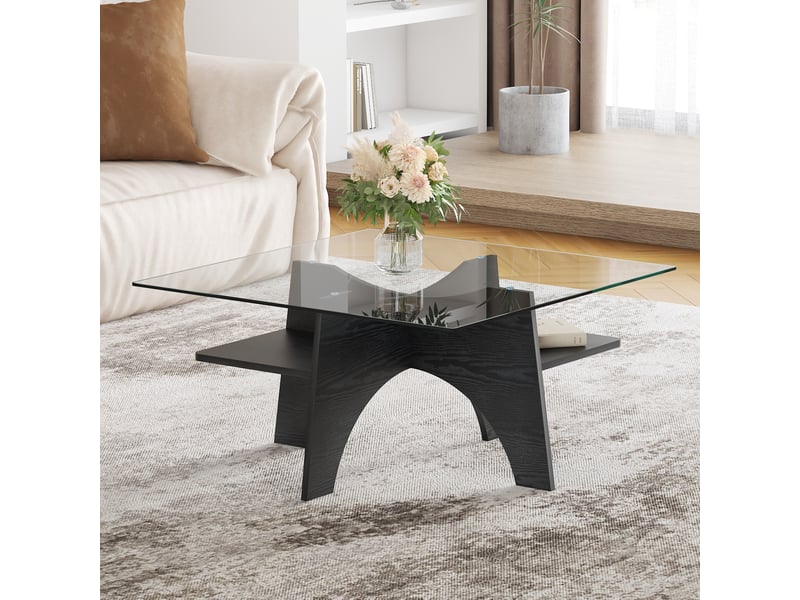  Table basse carrée 80 x 80 cm en verre de sécurité, structure mdf noire  - Conforama D