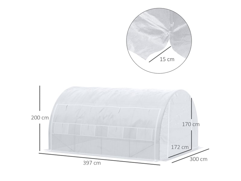  Serre de jardin serre tunnel 12 m² avec porte, parois latérales enroulables 8 fenêtres acier pe 4 x 3 x 2 m blanc  - Conforama E