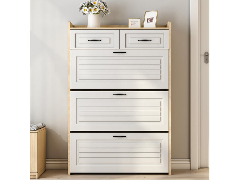 Meuble à chaussures ulevr à 3 abattants et 2 tiroirs, 80 x 23,5 x 131 cm, panneau de particules blanc et naturel - Conforama D
