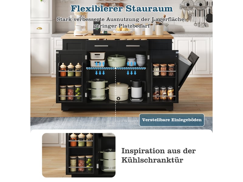  Îlot de cuisine 138 cm noir et aspect bois avec plan de travail rabattable, roulettes et prise électrique intégrée  - Conforama E