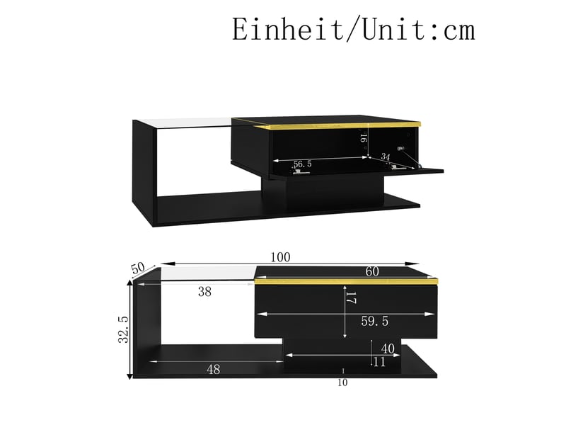  Table basse led 100x50x32,5 cm, rangement intégré, verre trempé, 16 couleurs dimmable, panneau particules, noir  - Conforama C