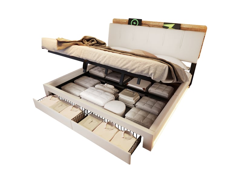 Lit coffre 180x200 cm beige en lin avec led, usb et usb-c  - Conforama A