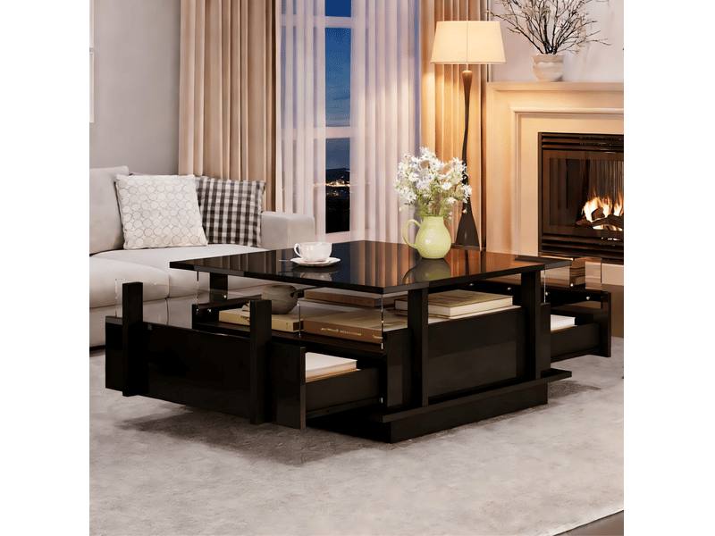  Table basse carrée 70x70x35 cm, meuble salon éclairage led, panneau acrylique, 2 tiroirs, panneau de particules, noir  - Conforama D