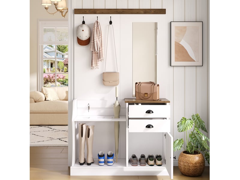  Meubles d'entrée avec miroir, 2 tiroirs, porte et crochets pour entrée, blanc et bois, 110,5 × 38 × 191 cm  - Conforama D