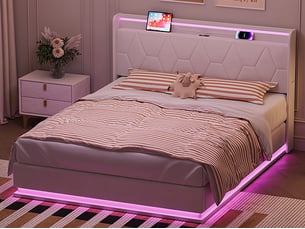 Lit coffre 140x200 cm avec tête de lit - leds - coloris blanc - sommier à lattes et espace de rangement