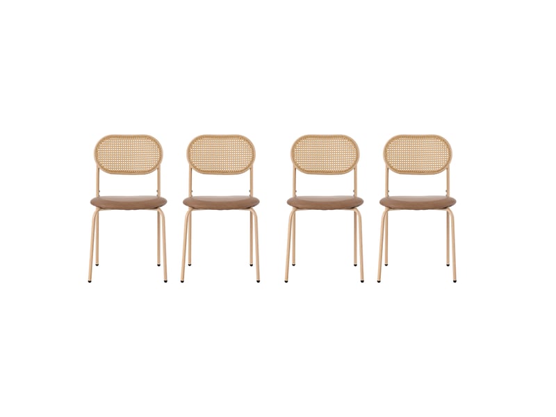  Lot de 4 chaises de salle à manger marron en pu, dossier ovale en rotin naturel, pieds métal, assise rembourrée  - Conforama A