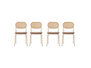 Lot de 4 chaises de salle à manger marron en pu, dossier ovale en rotin naturel, pieds métal, assise rembourrée