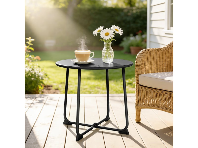  Table basse ronde d'extérieur de 50 cm, en métal avec piètement en x et pieds antidérapants, noire.  - Conforama C