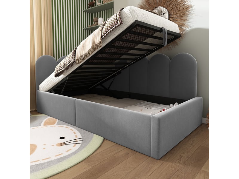 Lit banquette simple 90×200 cm avec coffre hydraulique - okmyhome- en velours gris, cadre métallique, sans matelas - Conforama C