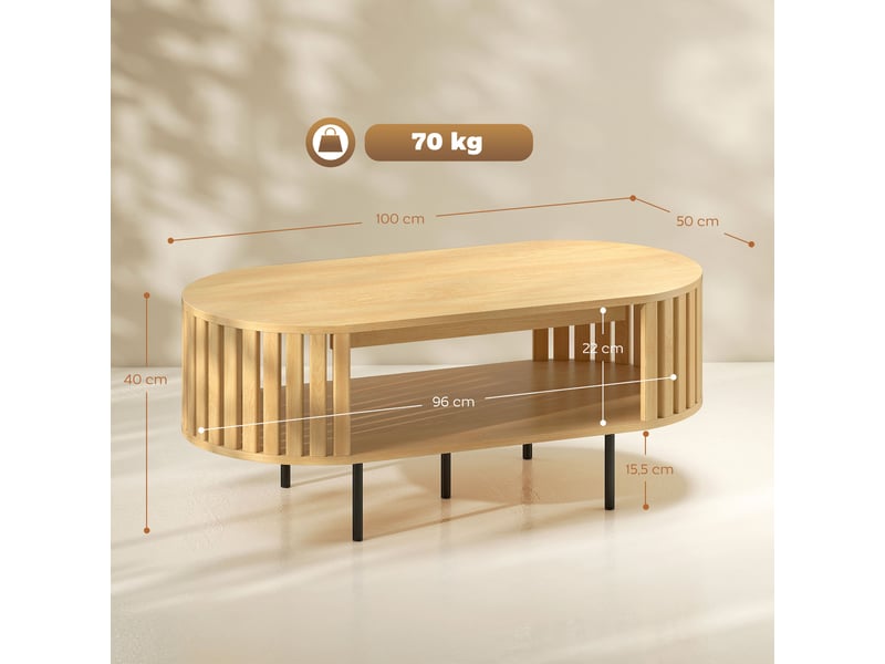  Table basse ovale, table de salon avec rangement, coins arrondis, design lattes, 100 x 50 x 40 cm, effet bois naturel  - Conforama C