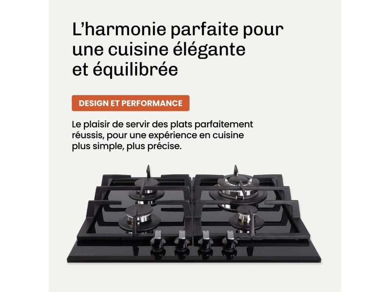  Beldeko - plaque de cuisson gaz verre noir 4 foyers - gaz ville et bouteille - grilles en fonte - 8000 watts  - Conforama C