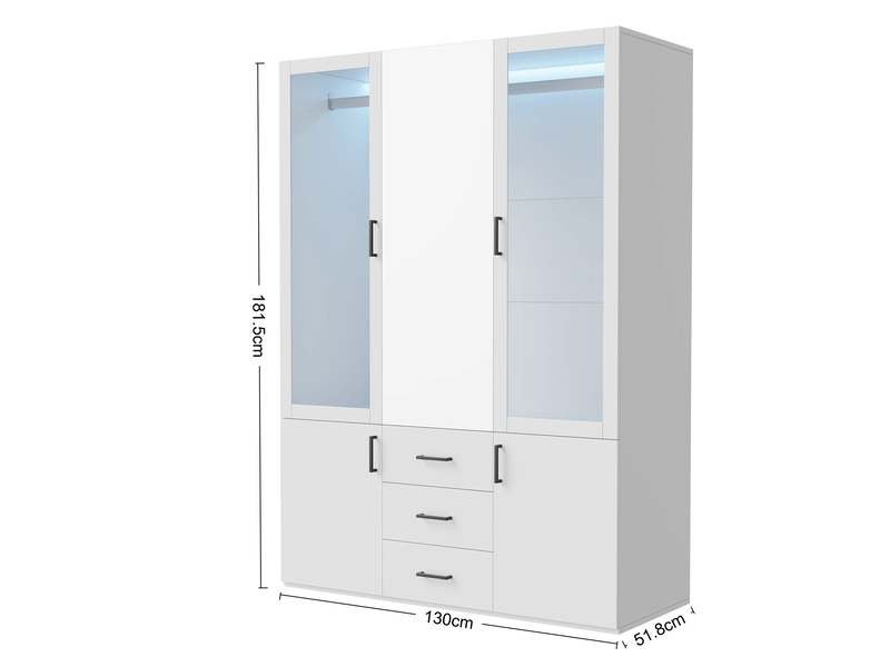  Armoire de chambre - 130x51,8x181,5cm - meuble de rangement avec 3 portes, miroir central et éclairage led - blanc  - Conforama E