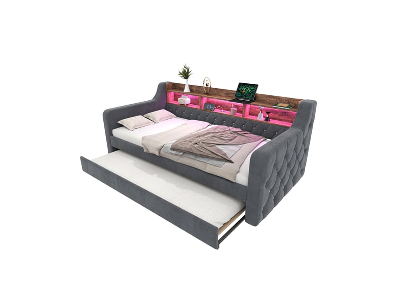  Lit gigogne capitonné 90x190 cm, lit extensible gris avec rangement et led  - Conforama A