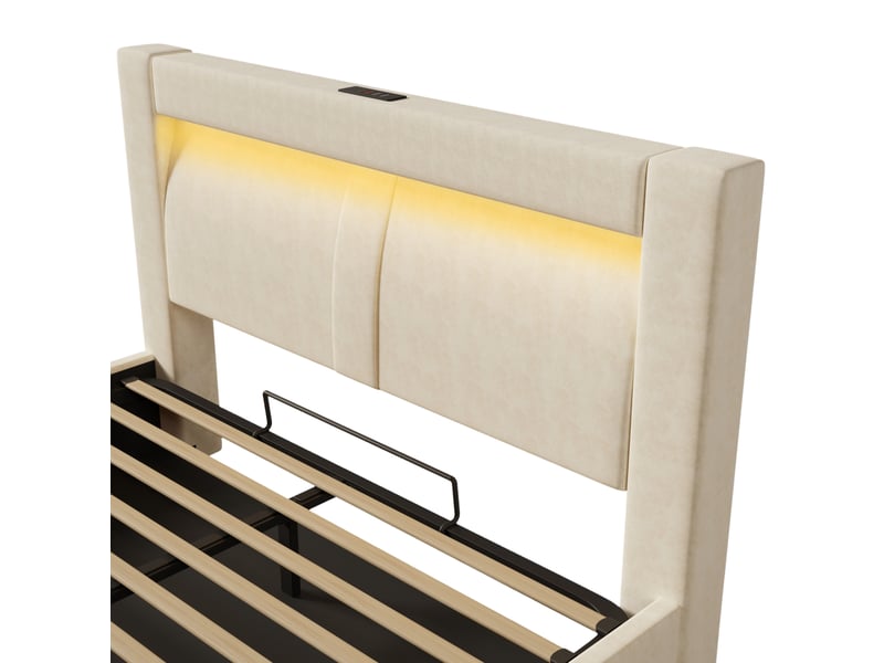  Lit double 160x200 cm avec rangement, beige en velours, led et ports usb type c, avec matelas  - Conforama E