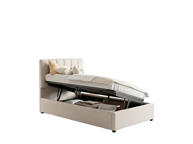  Lit coffre 90 x 200 cm - tissu lin beige - rangement hydraulique et tête de lit réglable  - Conforama A