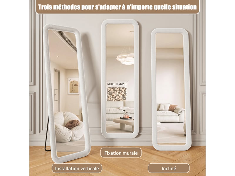  Miroir pleine longueur blanc 160x50 cm à bords arrondis, cadre en flanelle rembourrée, au sol ou mural pour chambre et dressing  - Conforama W