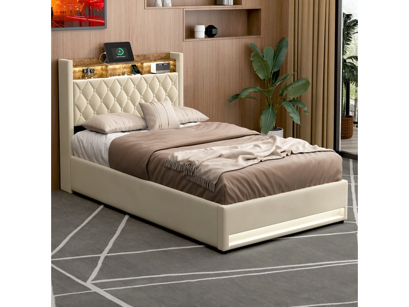 Lit coffre 140x190 cm beige en velours avec coffre de rangement, led et port usb intégré  - Conforama B