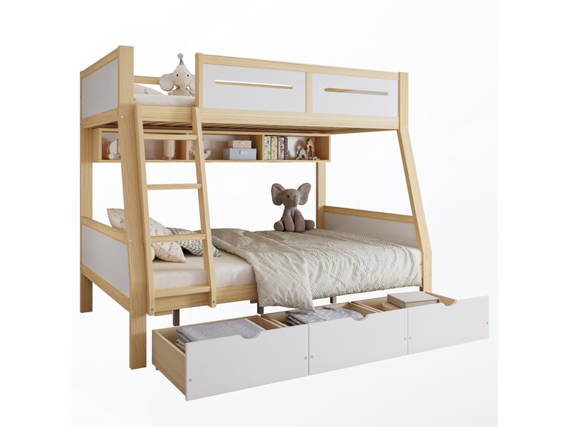 Lit superposé pour enfants 90x200120x200 cm, 3 tiroirs, échelle, blanc et bois - Conforama A