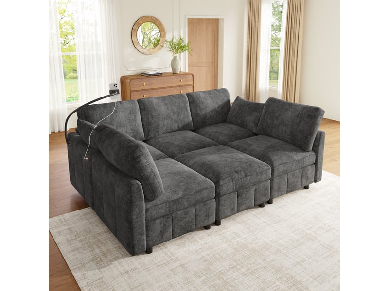  Canapé d'angle convertible 6 places 218x157x85 cm en ul avec pouf mobile, 2 coussins, charge rapide 24 w usbusb-c et porte-téléphone, chenille gris OPULERANE TRADING LTD - Conforama B