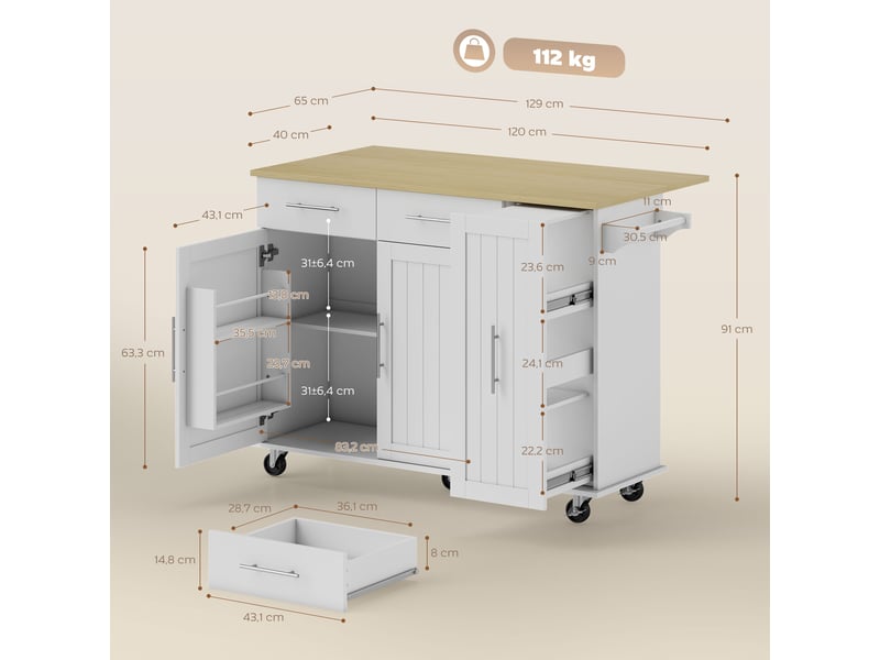  Îlot central cuisine avec plateau rabattable, roulettes, 2 tiroirs, portes à fermeture douce, blanc, porte-serviettes  - Conforama C