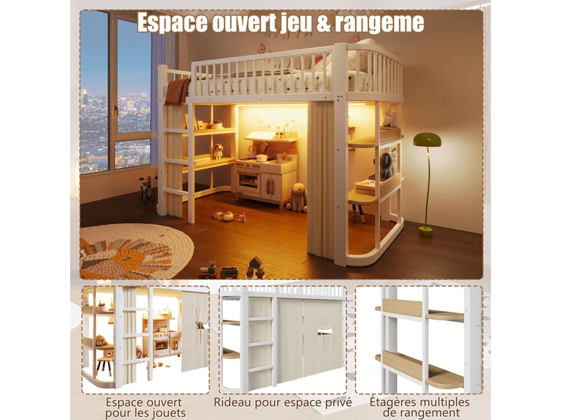 Lit mezzanine enfant 90x200 cm en métal blanc avec rideaux occultants, espace inférieur personnalisable et led intégrée Morn Vibe - Conforama D