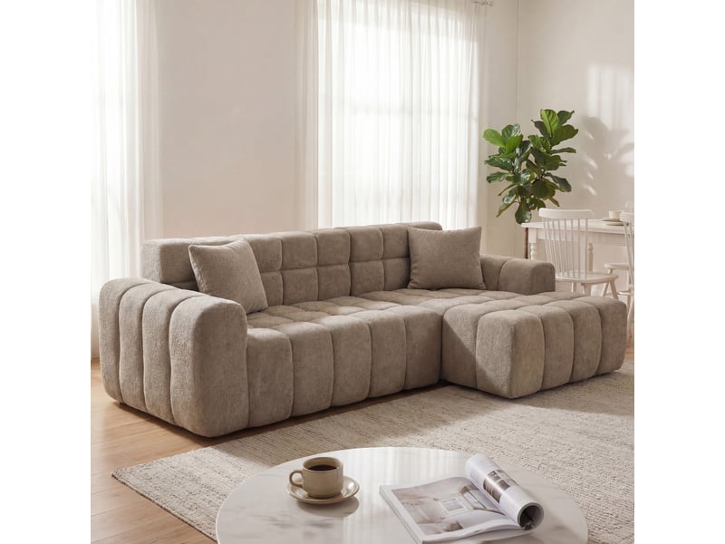 Canapé d'angle modulable en velours brun, méridienne gauche, assise profonde 100 cm, mousse haute densité - Conforama D
