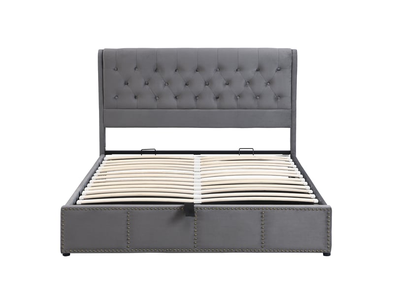  Lit coffre 140x200 cm avec vérin hydraulique, rangement intégré, banquette, tissu velours, coloris gris, sans matelas  - Conforama A