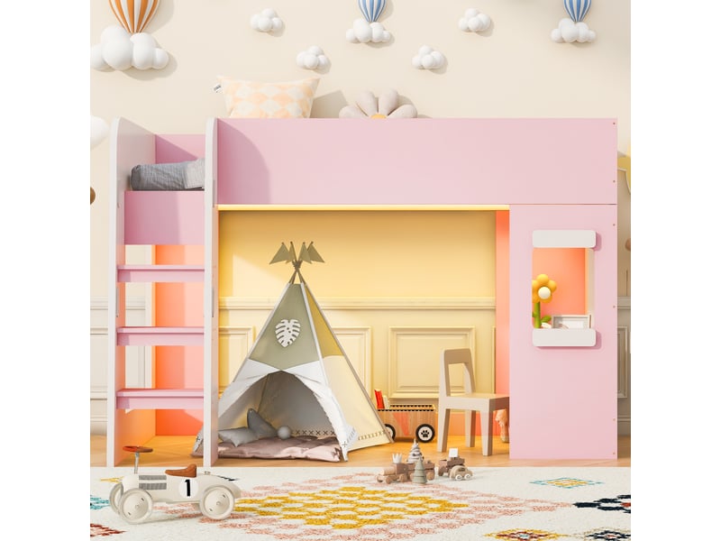  Lit mezzanine en bois 90×200 cm - avec éclairage led - avec petit bureau - avec barrières de sécurité - rose (matelas non inclus)  - Conforama E
