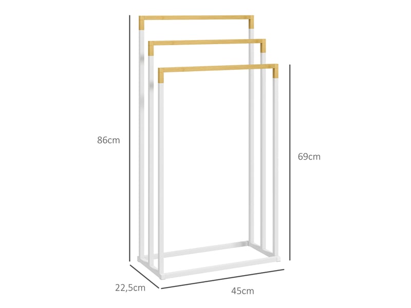  Porte-serviettes sur pied 45x22,5x86 cm – blanc – 3 barres en acier et bambou, sans perçage pour salle de bain  - Conforama C