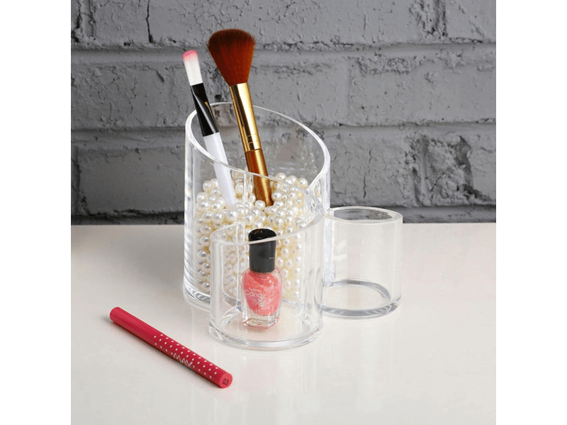  Organiseur de maquillage transparent à trois compartiments pour pinceaux de maquillage, rouge à lèvres, boîte de rangement pour bureau  - Conforama E