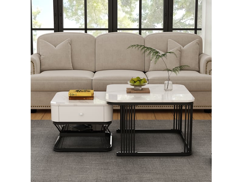 Lot de 2 tables basses carrées avec tiroir, effet marbre blanc et noir - Conforama D