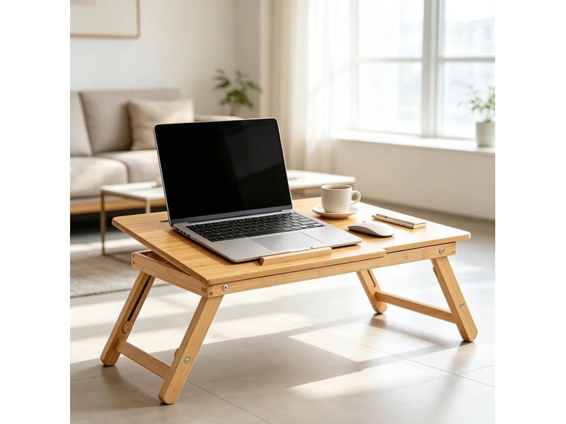 Table basse relevable pliante avec tiroir, plateau inclinable ventilé en bambou naturel pour lit 55 × 35 × 22-32,5 cm - Conforama B
