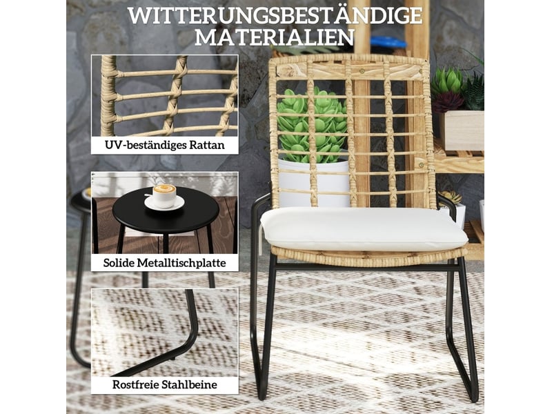 Salon de jardin 3 pièces en rotin beige, 2 chaises empilables avec table ronde pour balcon et terrasse - Conforama E