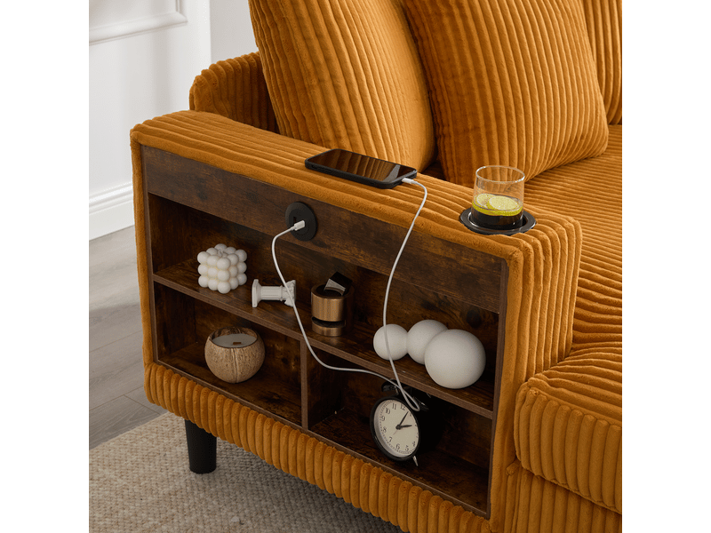  Chaise longue multifonctionnelle en velours côtelé, grand espace de repos, led, port usb, rangement, 3 coussins  - Conforama E