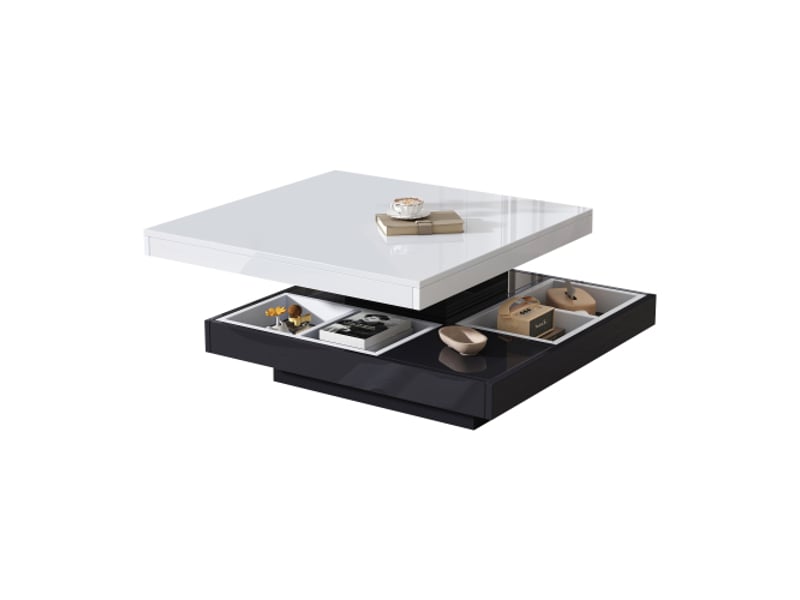  Table basse fonctionnelle avec plateau laqué brillant, table de salon pivotante à 360°, plateau blanc, piètement noir  - Conforama E