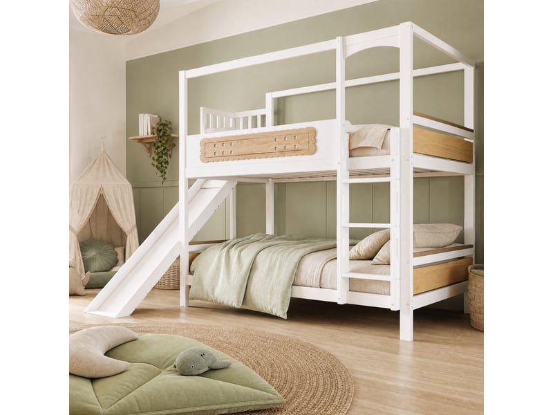 Lit superposé enfant 90 x 200 cm blanc et bois naturel avec toboggan - Conforama D
