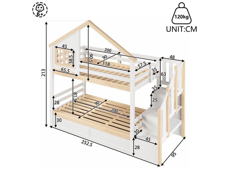  Lit superposé, 90 x 200 cm, hydraulique, avec barrière de sécurité, espace de rangement sous le lit, fenêtre et décoration intérieure, blanc et naturel  - Conforama C