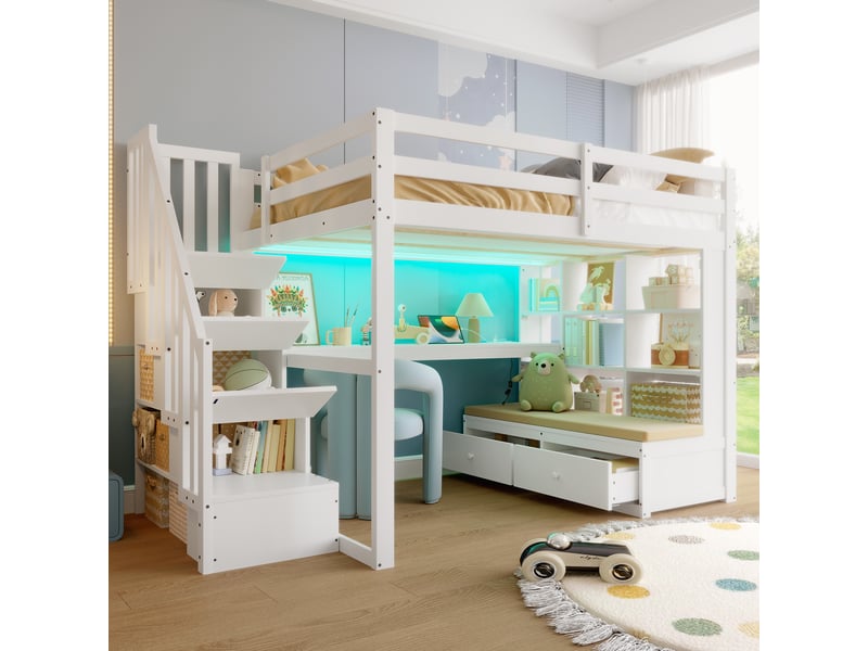  Lit mezzanine 140x200cm avec bureau et étagères, 2 tiroirs intégrés, escalier de rangement, blanc  - Conforama B